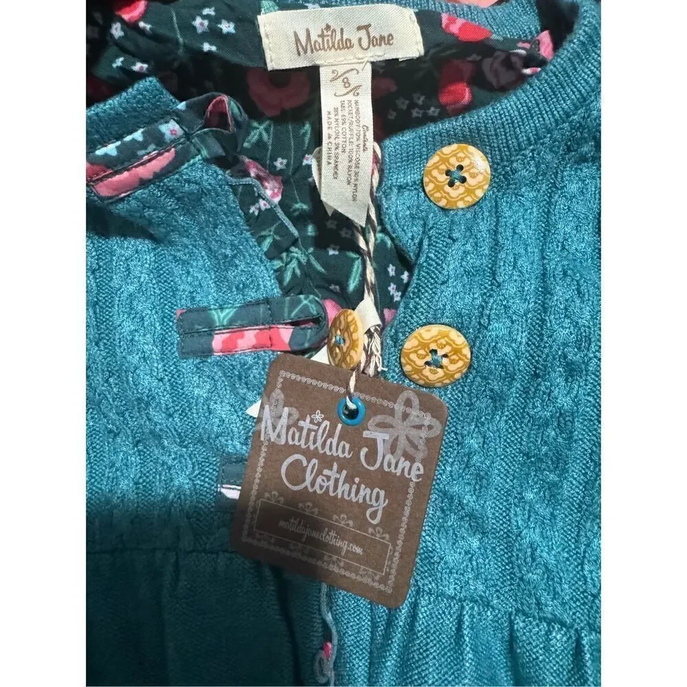 Matilda Jane NWT teal knit lace trim sweater floral patch pocket cute button fro